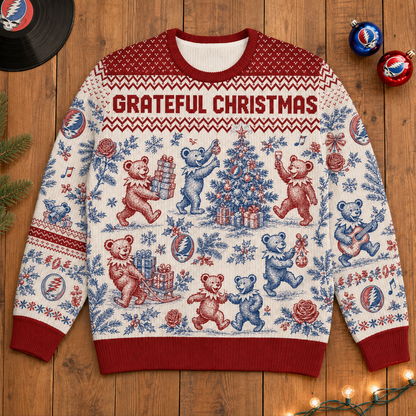 Grateful Dead Christmas Sweater – Dancing Bears Toile de Jouy Holiday Knit, Deadhead Ugly Christmas Sweater