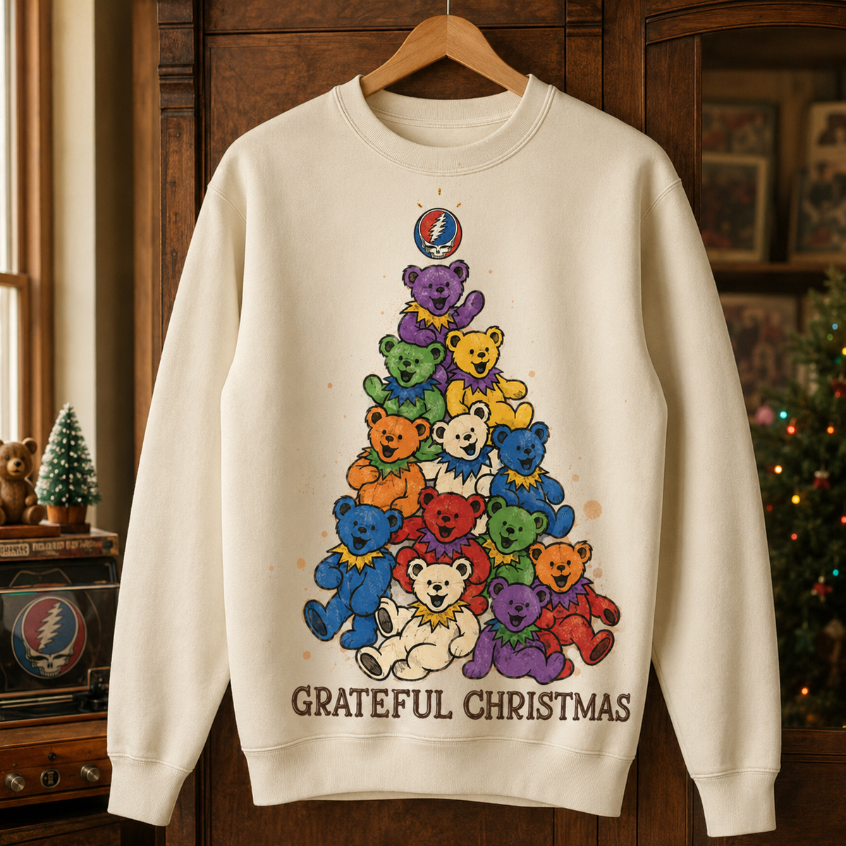 "Grateful Christmas" Dancing Bears Sweater, Dancing Bears Christmas Tree Crewneck, Steal Your Face Deadhead Holiday Gift