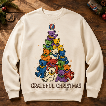 "Grateful Christmas" Dancing Bears Sweater, Dancing Bears Christmas Tree Crewneck, Steal Your Face Deadhead Holiday Gift