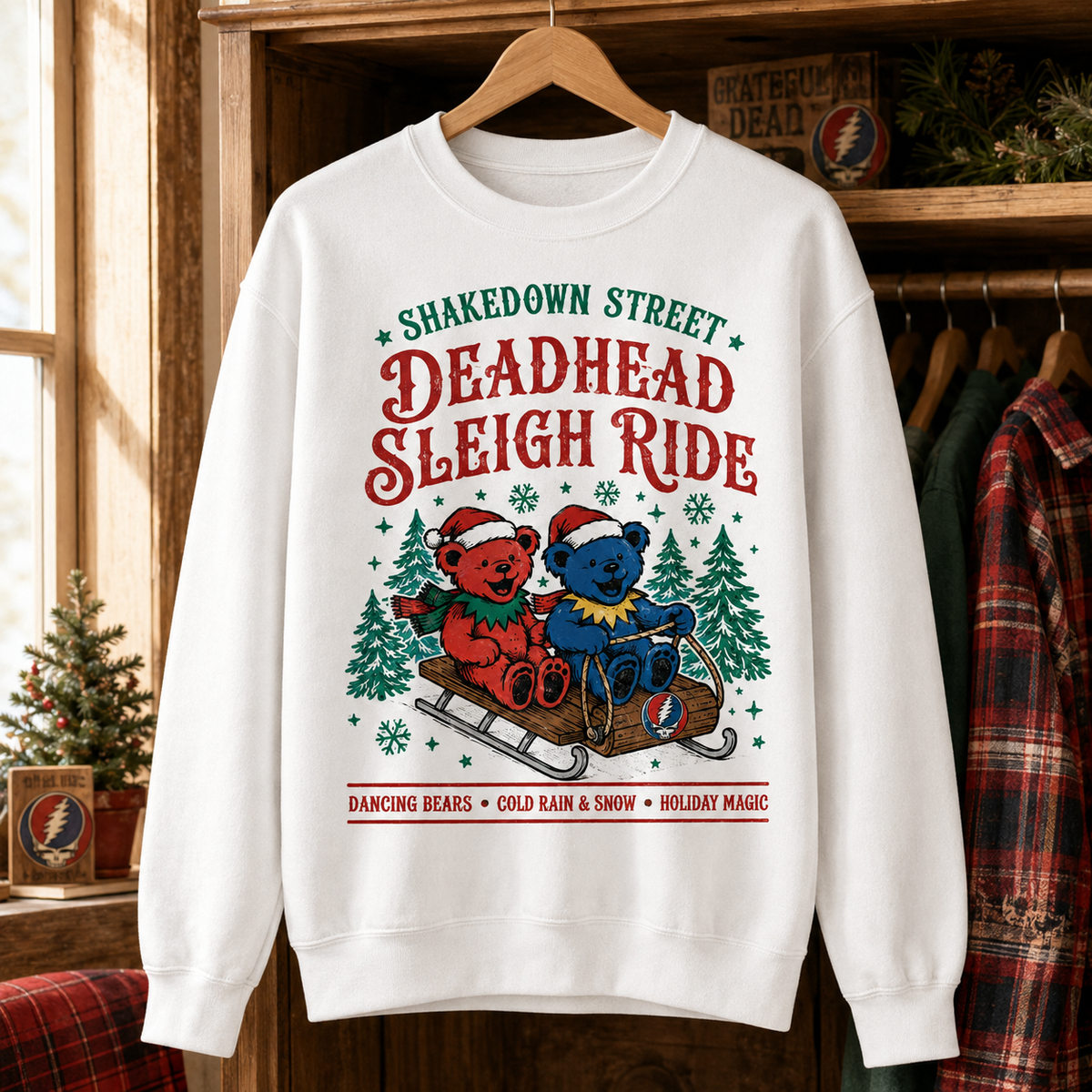 Grateful Dead Christmas Sweatshirt – Shakedown Street Sleigh Ride Dancing Bears Holiday Crewneck, Deadhead Gift