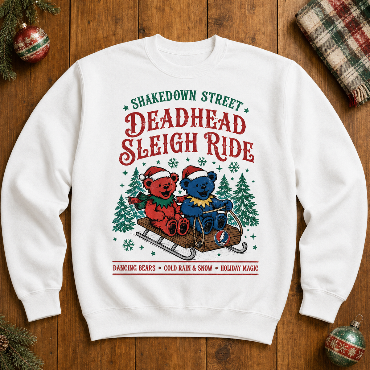 Grateful Dead Christmas Sweatshirt – Shakedown Street Sleigh Ride Dancing Bears Holiday Crewneck, Deadhead Gift