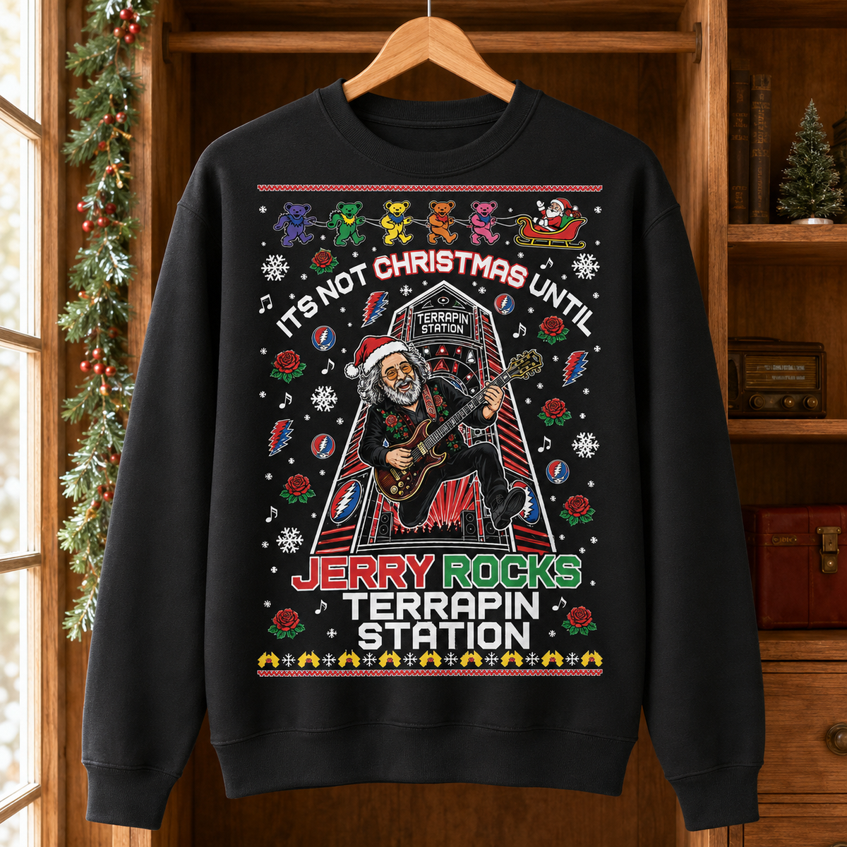 Jerry Garcia Christmas Sweatshirt – Terrapin Station Grateful Dead Holiday Sweater, Dancing Bears Deadhead Gift