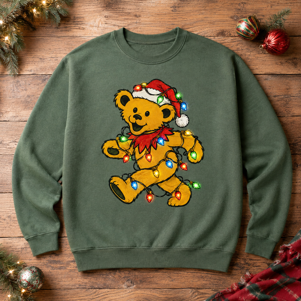 Grateful Dead Christmas Lights Sweatshirt, Dancing Bear Wrapped in Christmas Lights, Deadhead Holiday Crewneck Gift