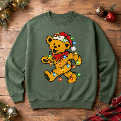 Grateful Dead Christmas Lights Sweatshirt, Dancing Bear Wrapped in Christmas Lights, Deadhead Holiday Crewneck Gift