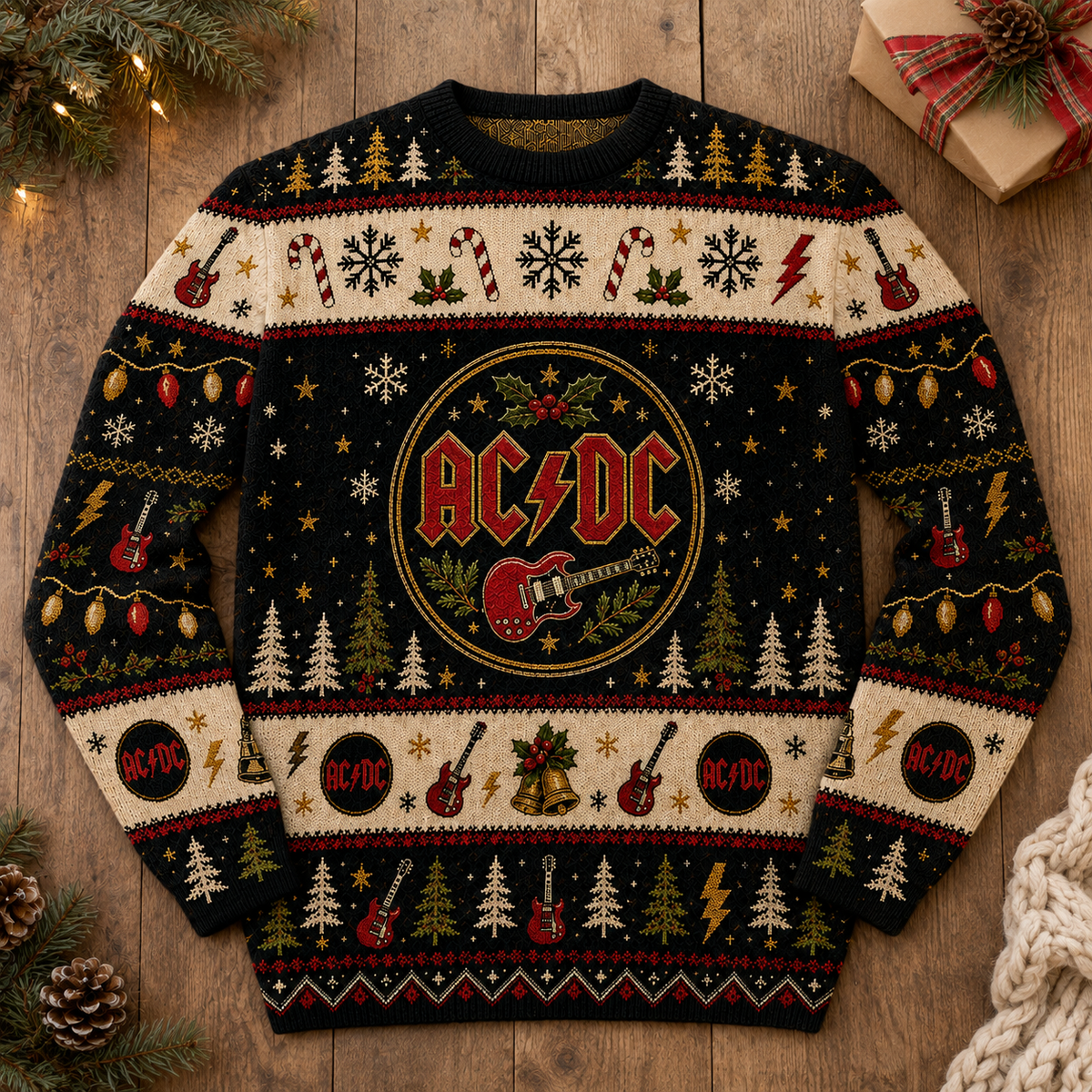 AC/DC Christmas Sweater – Rock Band Christmas Sweater, Guitar Holiday Knit, Classic Rock Fan Gift