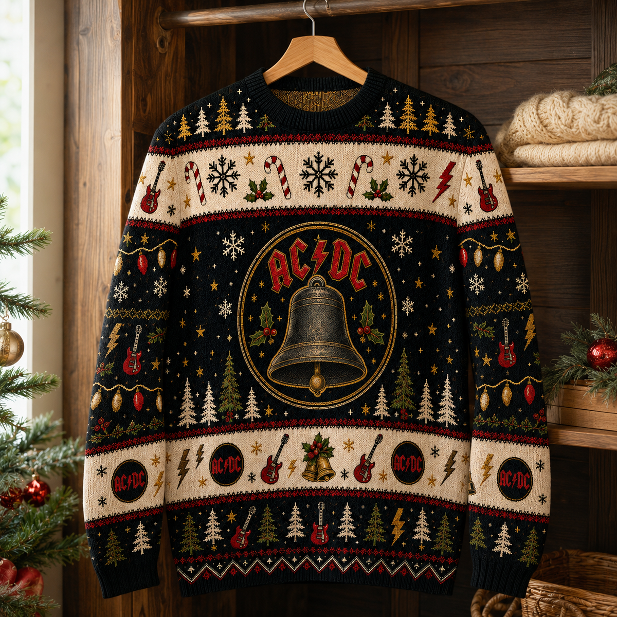 AC/DC Holiday Sweater – Hells Bells Christmas Knit, Rock & Roll Ugly Xmas Sweater, Classic Rock Fan Gift