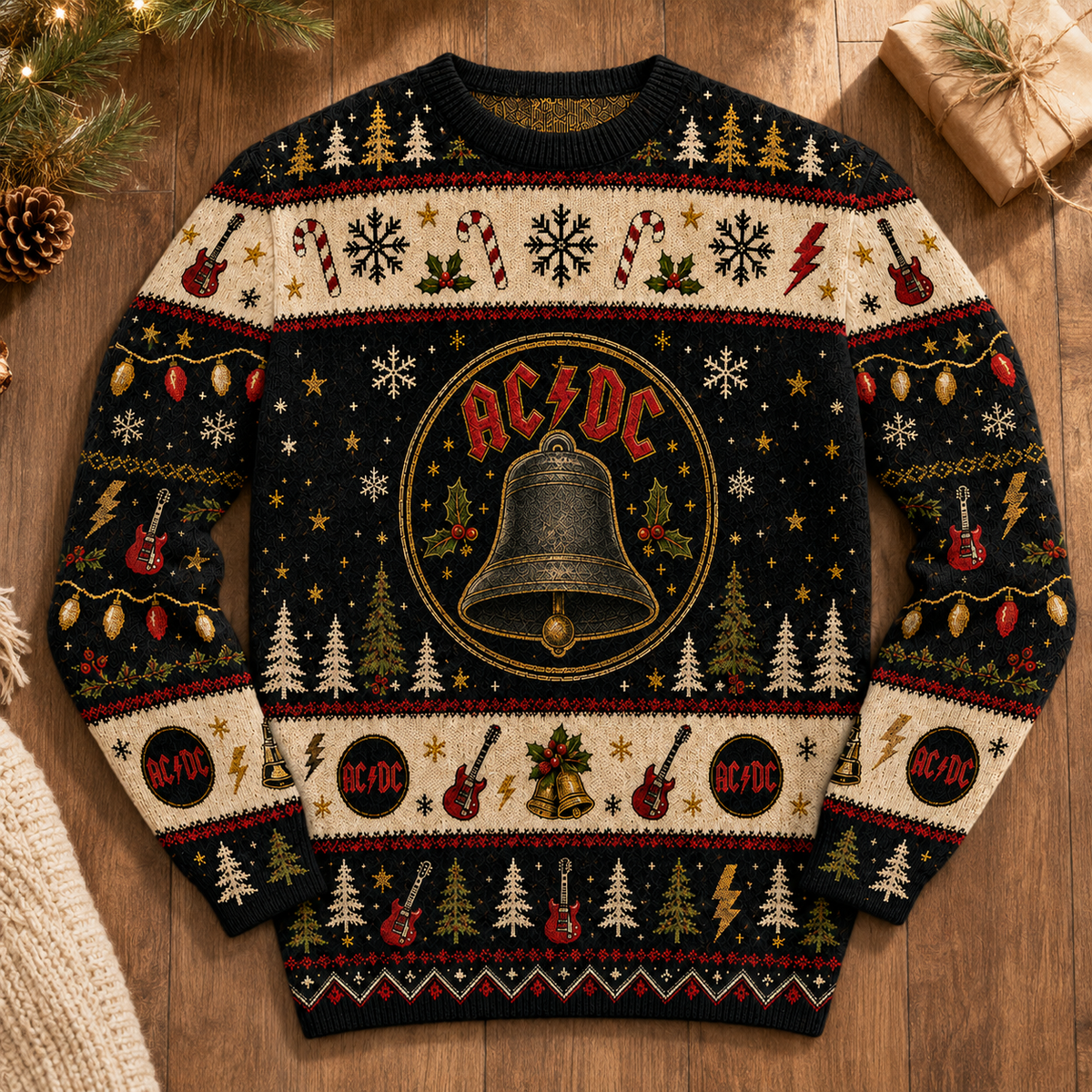 AC/DC Holiday Sweater – Hells Bells Christmas Knit, Rock & Roll Ugly Xmas Sweater, Classic Rock Fan Gift