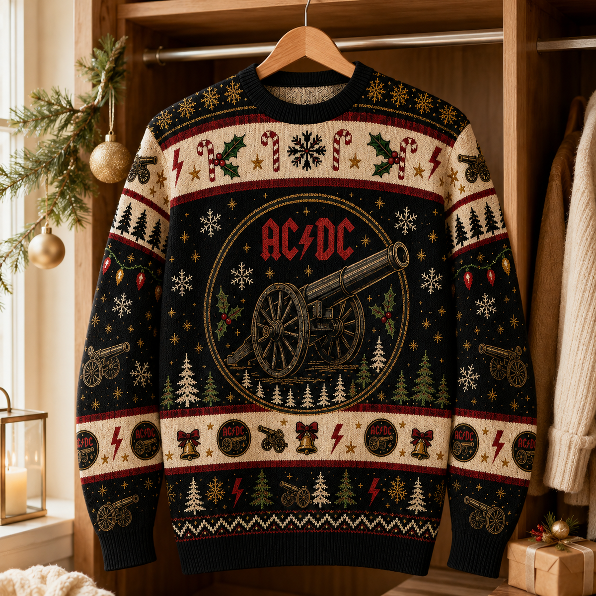 AC/DC For Those About to Rock Christmas Sweater – Cannon Ugly Holiday Knit, Classic Rock Xmas Gift