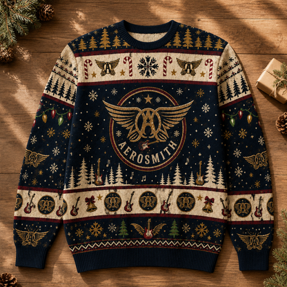 Aerosmith Christmas Sweater – Winged Logo Ugly Christmas Knit, Classic Rock Holiday Sweater, Music Fan Gift