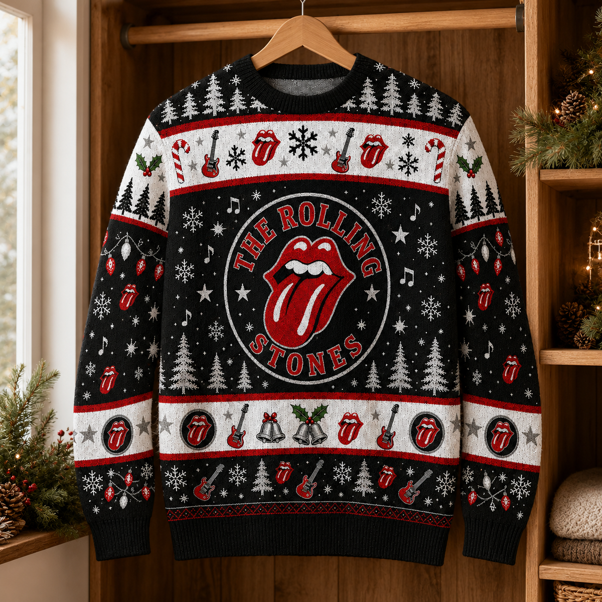 The Rolling Stones Christmas Sweater – Tongue Logo Ugly Christmas Knit, Classic Rock Holiday Sweater Gift
