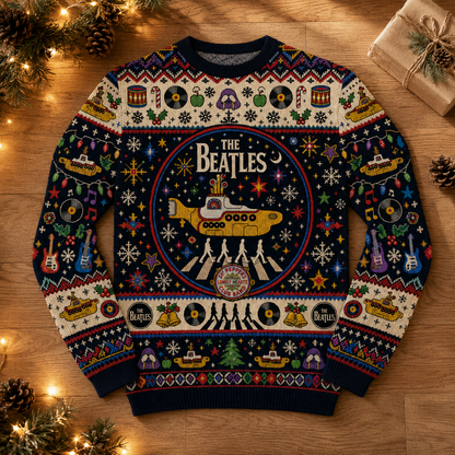 The Beatles Christmas Sweater – Yellow Submarine Abbey Road Ugly Christmas Knit, Beatles Holiday Gift