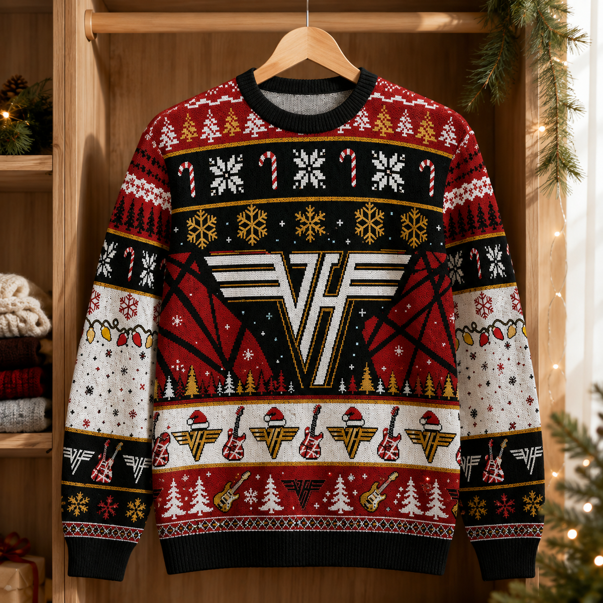 Van Halen Christmas Sweater – Classic Rock Ugly Christmas Knit, VH Logo Holiday Sweater, Rock Music Fan Gift