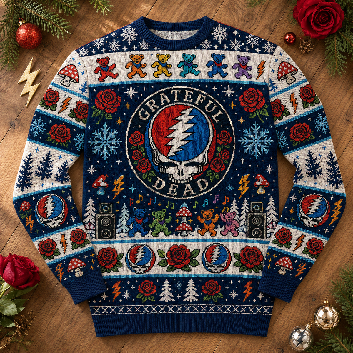 Festive Grateful Dead Stealie Sweater, Steal Your Face Dancing Bears Ugly Holiday Knit, Deadhead Christmas Gift