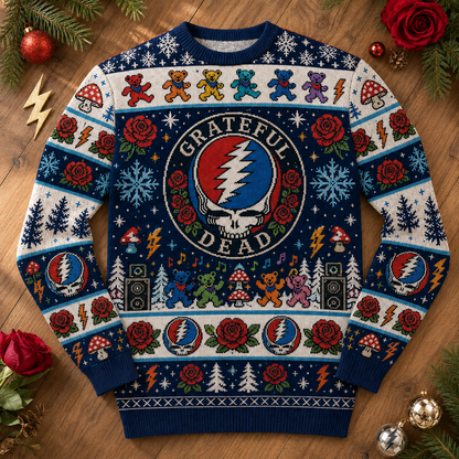 Festive Grateful Dead Stealie Sweater, Steal Your Face Dancing Bears Ugly Holiday Knit, Deadhead Christmas Gift
