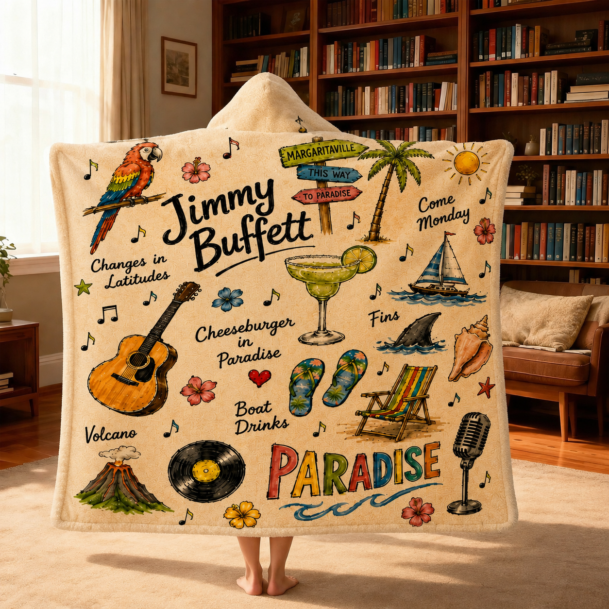 Jimmy Buffett Wearable Hooded Blanket, Margaritaville Sherpa Blanket, Tropical Beach Throw Blanket,  Jimmy Buffett Fan Blanket