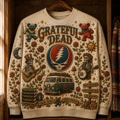 Grateful Dead Vintage All Over Print Sweatshirt, Stealie Skull Hippie Crewneck, Psychedelic Jam Band Sweatshirt, Retro Music Fan Gift