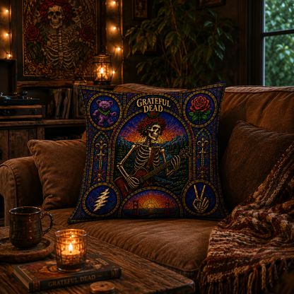 Grateful Dead Stained Glass Throw Pillow, Skeleton Guitar Decorative Pillow, Psychedelic Band Inspired Couch Cushion, Music Lover Home Decor Gift