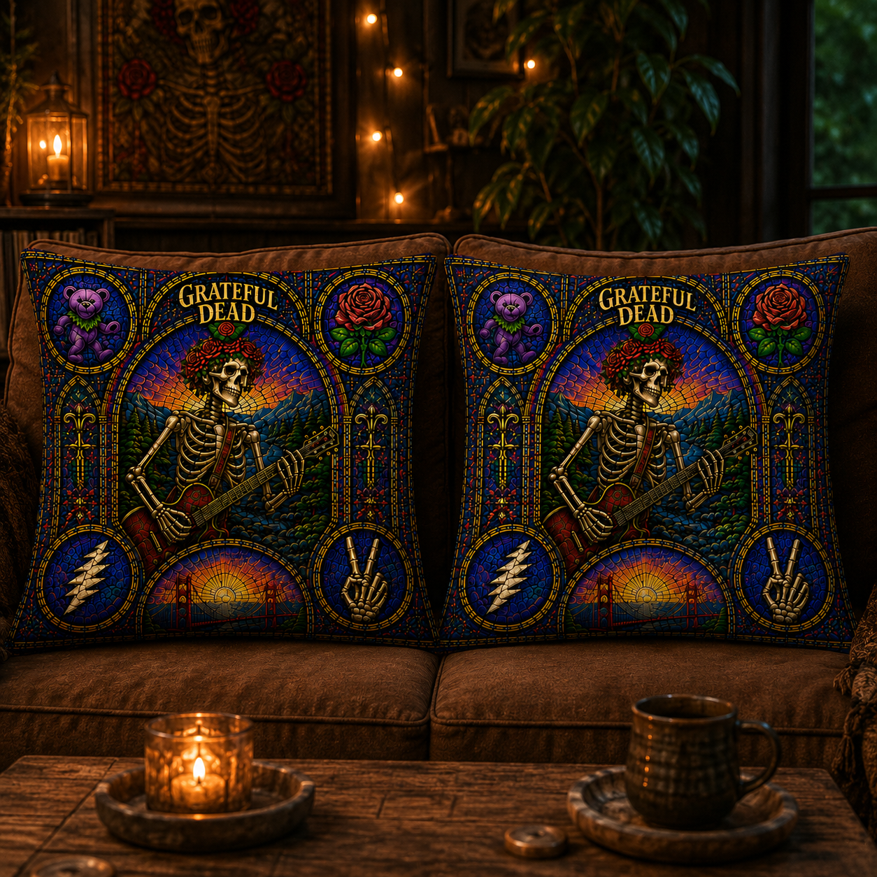 Grateful Dead Stained Glass Throw Pillow, Skeleton Guitar Decorative Pillow, Psychedelic Band Inspired Couch Cushion, Music Lover Home Decor Gift