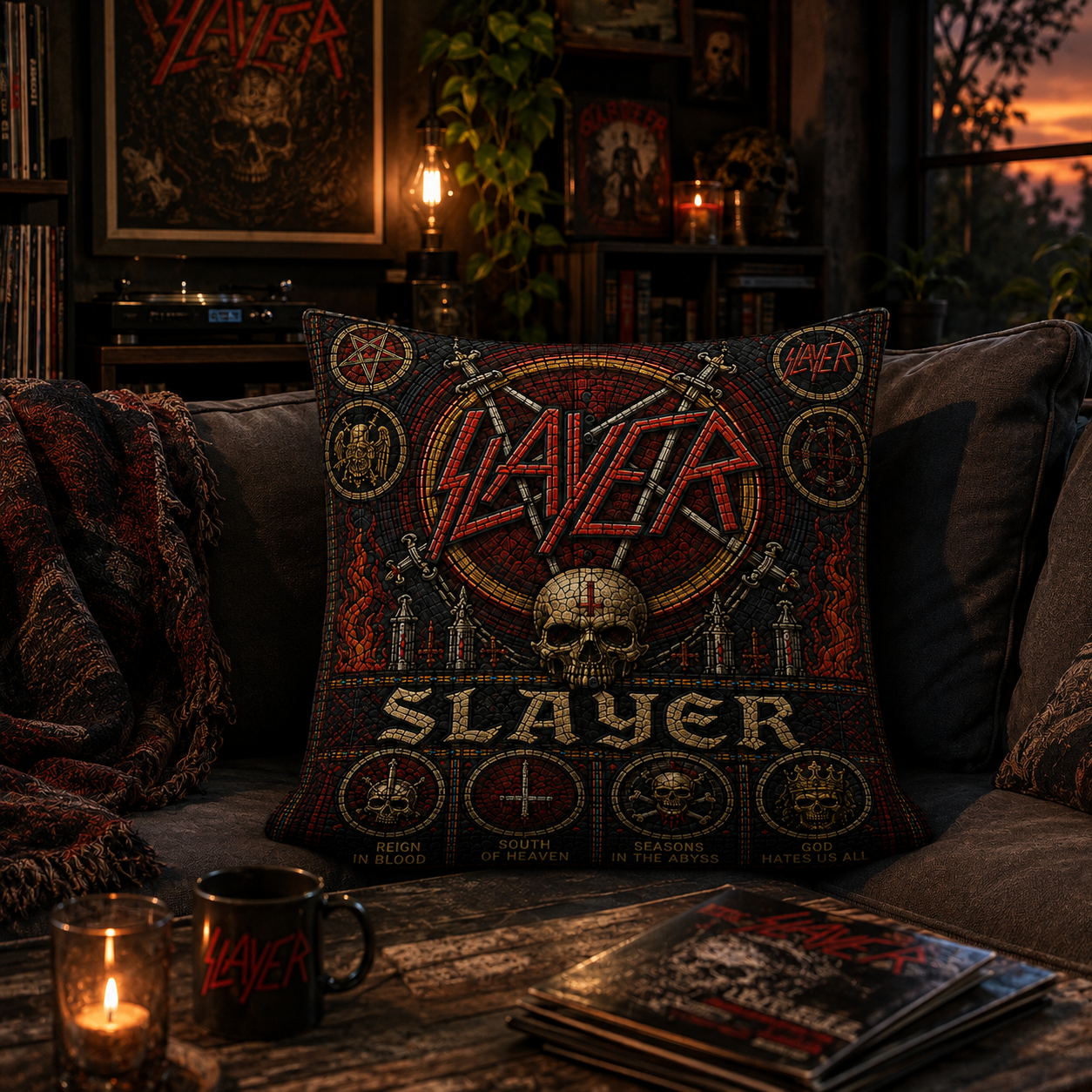 Slayer Stained Glass Throw Pillow, Heavy Metal Band Inspired Decorative Pillow, Gothic Skull Couch Cushion, Rock Music Home Decor Gift