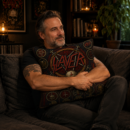 Slayer Stained Glass Throw Pillow, Heavy Metal Band Inspired Decorative Pillow, Gothic Skull Couch Cushion, Rock Music Home Decor Gift