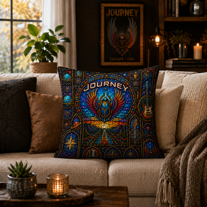 Journey Stained Glass Throw Pillow, Classic Rock Band Inspired Decorative Pillow, Scarab Mosaic Couch Cushion, Music Lover Home Decor Gift