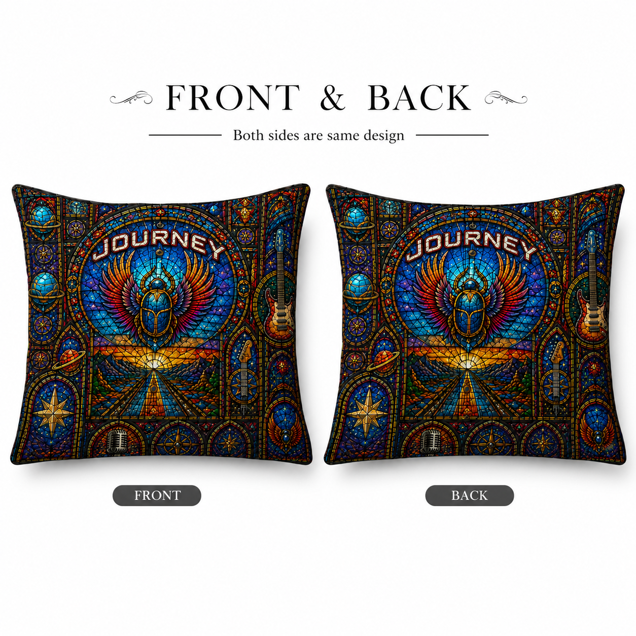 Journey Stained Glass Throw Pillow, Classic Rock Band Inspired Decorative Pillow, Scarab Mosaic Couch Cushion, Music Lover Home Decor Gift