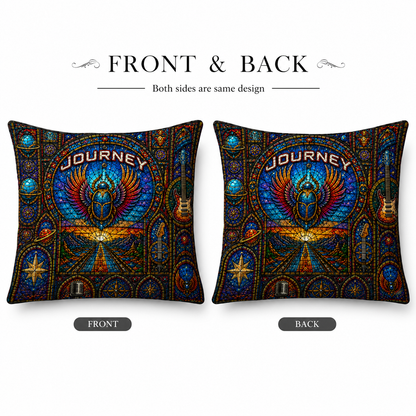 Journey Stained Glass Throw Pillow, Classic Rock Band Inspired Decorative Pillow, Scarab Mosaic Couch Cushion, Music Lover Home Decor Gift