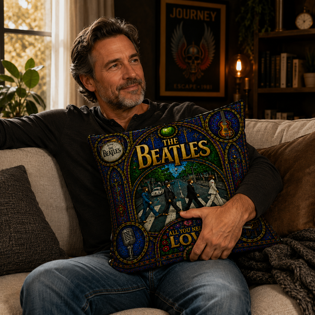 The Beatles Stained Glass Throw Pillow, Abbey Road Decorative Pillow, Classic Rock Music Couch Cushion, Beatles Fan Home Decor Gift
