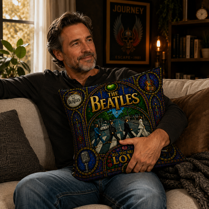 The Beatles Stained Glass Throw Pillow, Abbey Road Decorative Pillow, Classic Rock Music Couch Cushion, Beatles Fan Home Decor Gift