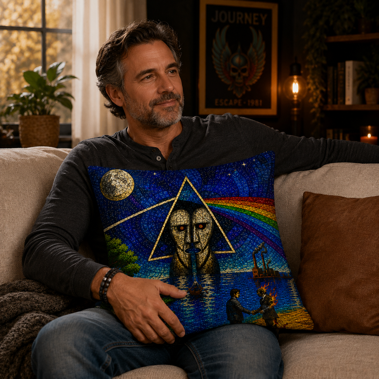 Pink Floyd Stained Glass Throw Pillow, Dark Side of the Moon Decorative Cushion, Progressive Rock Sofa Pillow, Music Lover Home Decor Gift