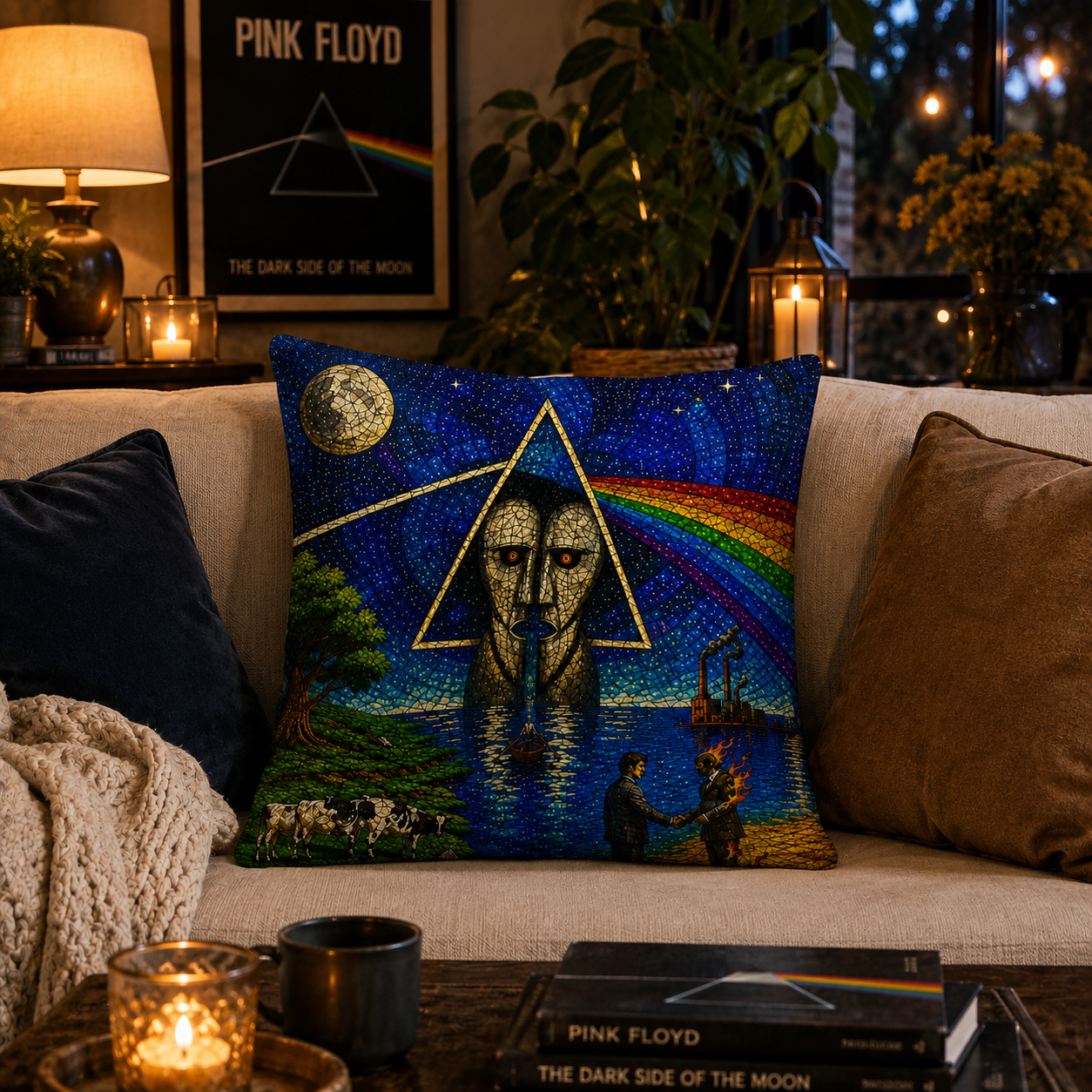Pink Floyd Stained Glass Throw Pillow, Dark Side of the Moon Decorative Cushion, Progressive Rock Sofa Pillow, Music Lover Home Decor Gift