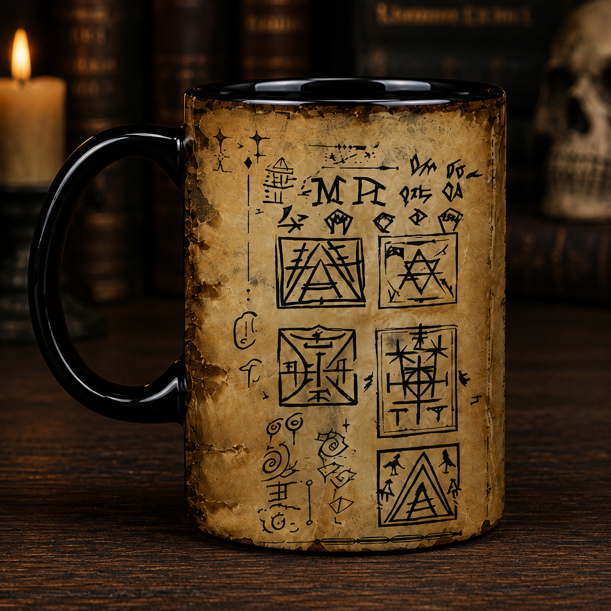 Runic Magic Ancient Runes Accent Mug, Occult Symbols Coffee Mug, Arcane Manuscript Ceramic Cup, Dark Fantasy Mug