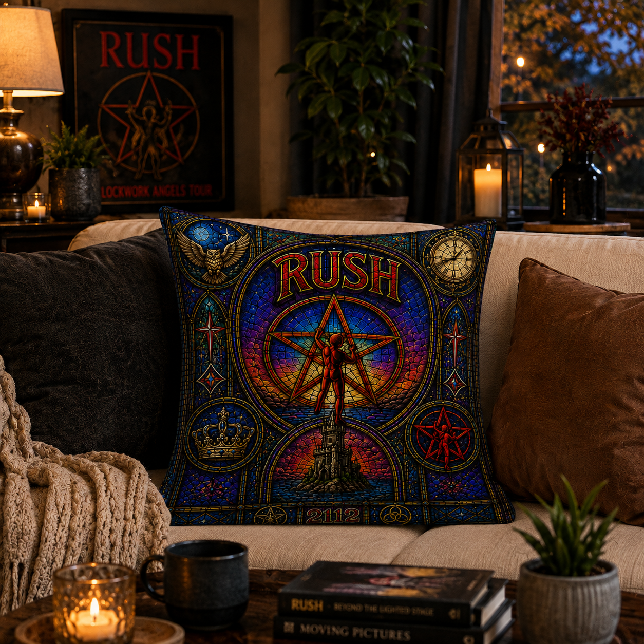 Rush 2112 Stained Glass Throw Pillow, Progressive Rock Decorative Cushion, Rush Band Sofa Pillow, Music Lover Home Decor Gift