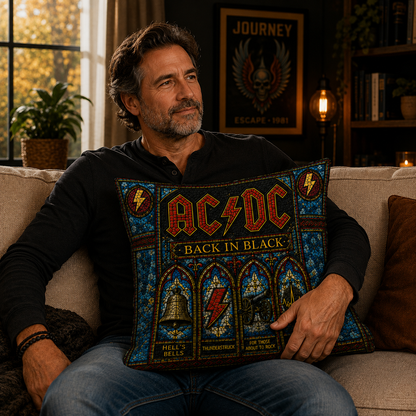 AC/DC Back In Black Stained Glass Throw Pillow, ACDC Rock Band Decorative Cushion, Classic Hard Rock Sofa Pillow, Music Lover Home Decor Gift