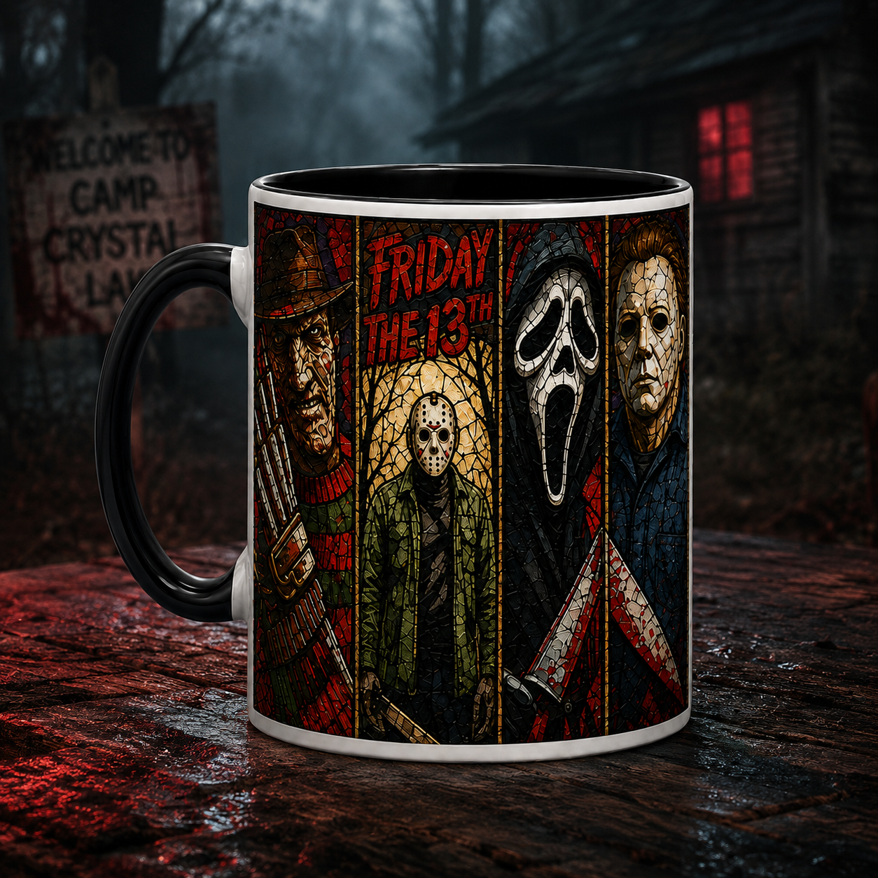 Classic Horror Villains Stained Glass Accent Mug, Slasher Horror Coffee Mug, Freddy Jason Ghostface Cup, Halloween Horror Fan Gift