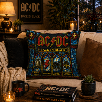 AC/DC Back In Black Stained Glass Throw Pillow, ACDC Rock Band Decorative Cushion, Classic Hard Rock Sofa Pillow, Music Lover Home Decor Gift