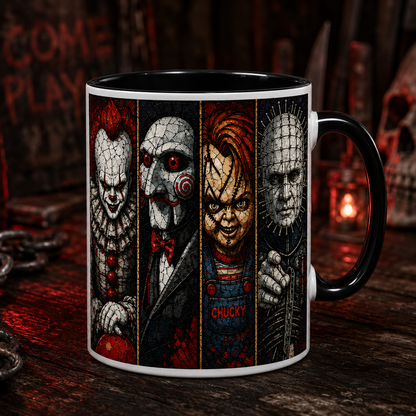 Classic Horror Villains Stained Glass Accent Mug, Slasher Horror Coffee Mug, Freddy Jason Ghostface Cup, Halloween Horror Fan Gift