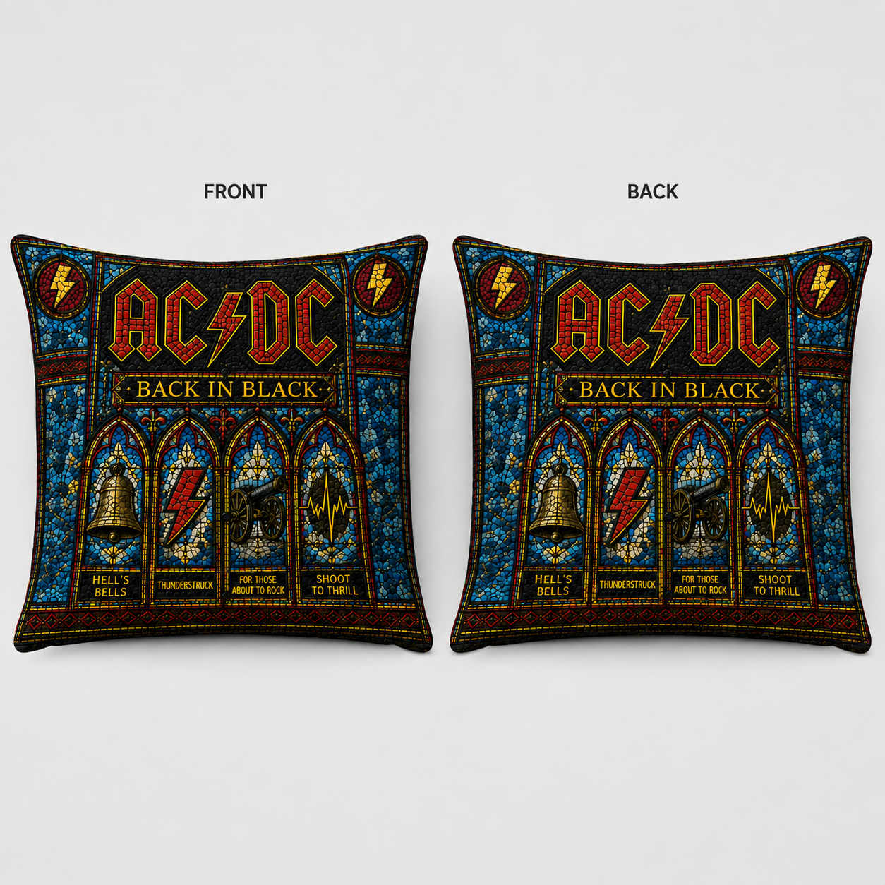 AC/DC Back In Black Stained Glass Throw Pillow, ACDC Rock Band Decorative Cushion, Classic Hard Rock Sofa Pillow, Music Lover Home Decor Gift