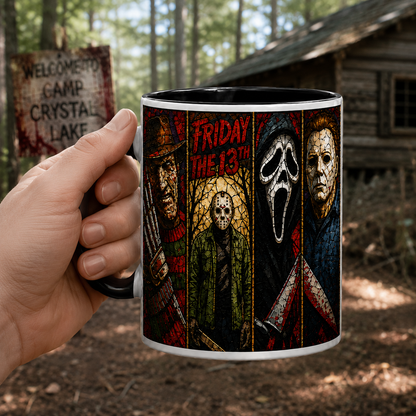 Classic Horror Villains Stained Glass Accent Mug, Slasher Horror Coffee Mug, Freddy Jason Ghostface Cup, Halloween Horror Fan Gift