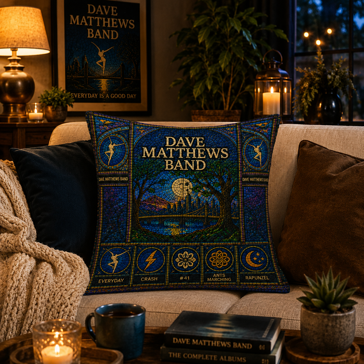 Dave Matthews Band Stained Glass Throw Pillow, DMB Decorative Cushion, Dave Matthews Band Fan Gift, Music Lover Sofa Pillow, Band Home Decor