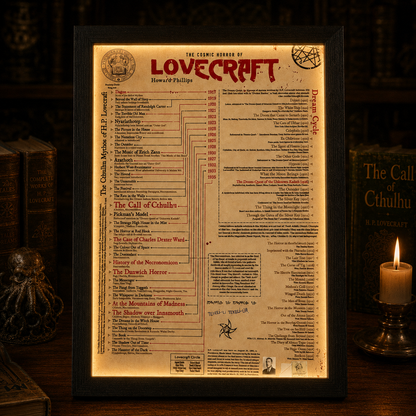 HP Lovecraft LED Light Frame, Cosmic Horror Reading Order Poster, Illuminated Lovecraft Timeline Wall Art, Gothic Library Decor, Horror Fan Gift