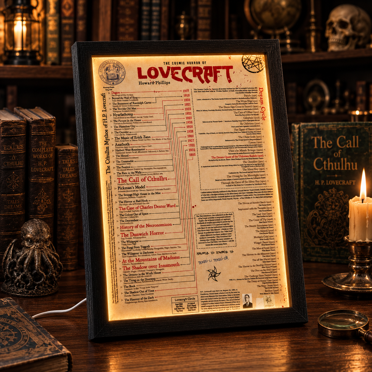 HP Lovecraft LED Light Frame, Cosmic Horror Reading Order Poster, Illuminated Lovecraft Timeline Wall Art, Gothic Library Decor, Horror Fan Gift