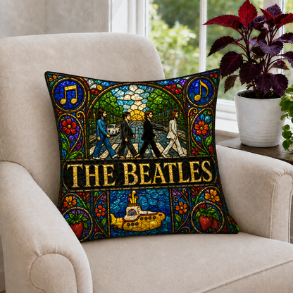 The Beatles Stained Glass Throw Pillow, Abbey Road Decorative Cushion, Yellow Submarine Beatles Fan Gift, Music Lover Sofa Pillow, Beatles Home Decor