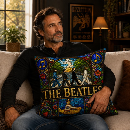 The Beatles Stained Glass Throw Pillow, Abbey Road Decorative Cushion, Yellow Submarine Beatles Fan Gift, Music Lover Sofa Pillow, Beatles Home Decor