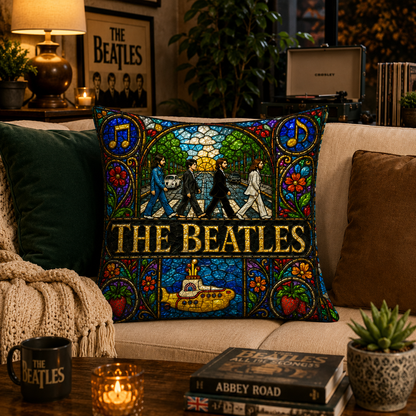 The Beatles Stained Glass Throw Pillow, Abbey Road Decorative Cushion, Yellow Submarine Beatles Fan Gift, Music Lover Sofa Pillow, Beatles Home Decor