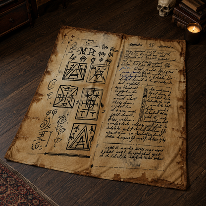 Runic Magic Text Sherpa, Occult Grimoire Throw Blanket, HP Lovecraft Cosmic Horror Bedding