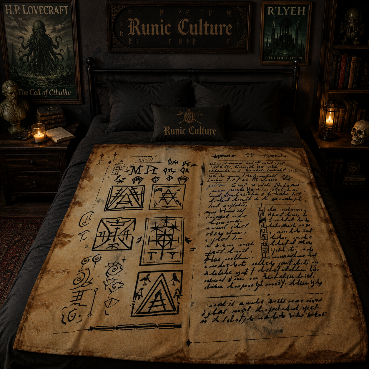 Runic Magic Text Sherpa, Occult Grimoire Throw Blanket, HP Lovecraft Cosmic Horror Bedding