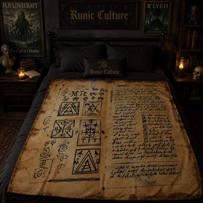 Runic Magic Text Sherpa, Occult Grimoire Throw Blanket, HP Lovecraft Cosmic Horror Bedding