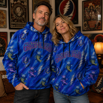 Grateful Dead Dancing Bears Hoodie, Blue Tie Dye Style Pullover Hoodie, Steal Your Face Skull Sweatshirt, Grateful Dead Fan Gift, Jam Band Apparel
