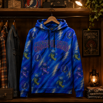 Grateful Dead Dancing Bears Hoodie, Blue Tie Dye Style Pullover Hoodie, Steal Your Face Skull Sweatshirt, Grateful Dead Fan Gift, Jam Band Apparel